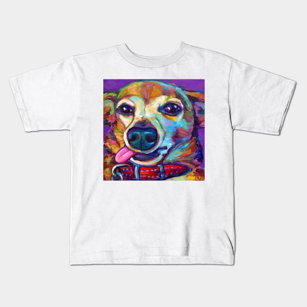 Cute Derpy Chiweenie Puppy on Violet Kids T-Shirt by RobertPhelpsArt